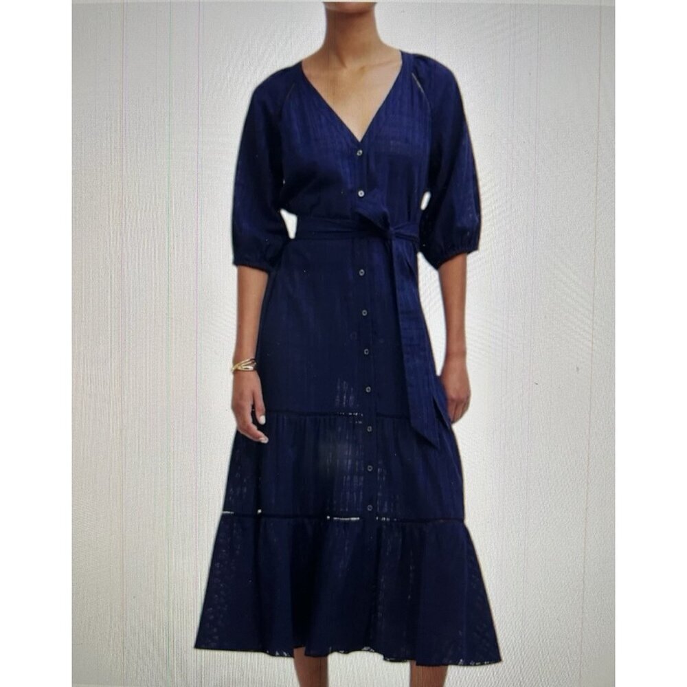 MADEWELL Tie-Waist Tiered Midi Dress Windowpane Navy Blue Button Up Size 8